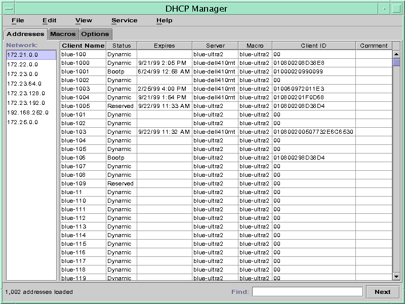 Shows Addresses tab with network numbers, client names, and lease information.