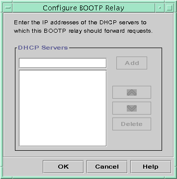 Dialog box shows input field labeled DHCP Servers, with an Add button. Shows an empty list, with up and down arrows and Delete button.