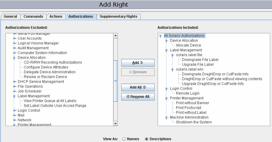 Dialog box shows the authorizations that might be appropriate for users at your site.