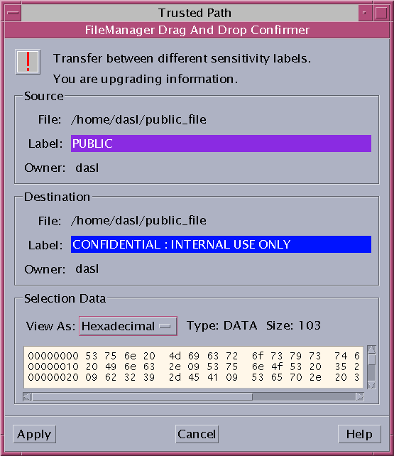 Window titled FileManager Drag And Drop Confirmer, label Trusted Path, shows the source, destination, and transfer information for a dragged file.